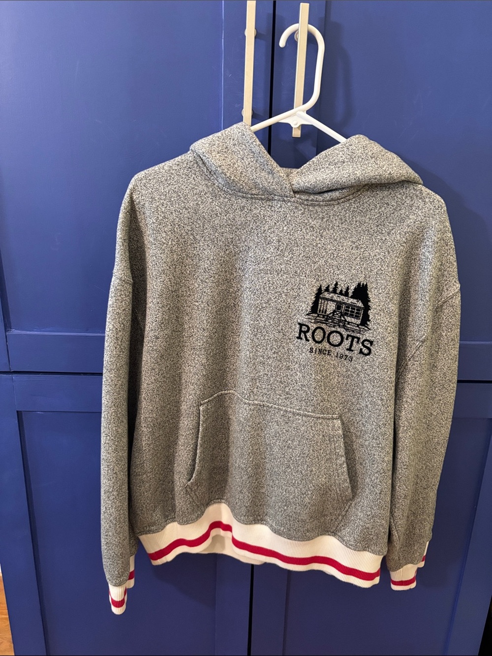 Roots Gray Hoodie Sweater with Red & White Banded Bottom